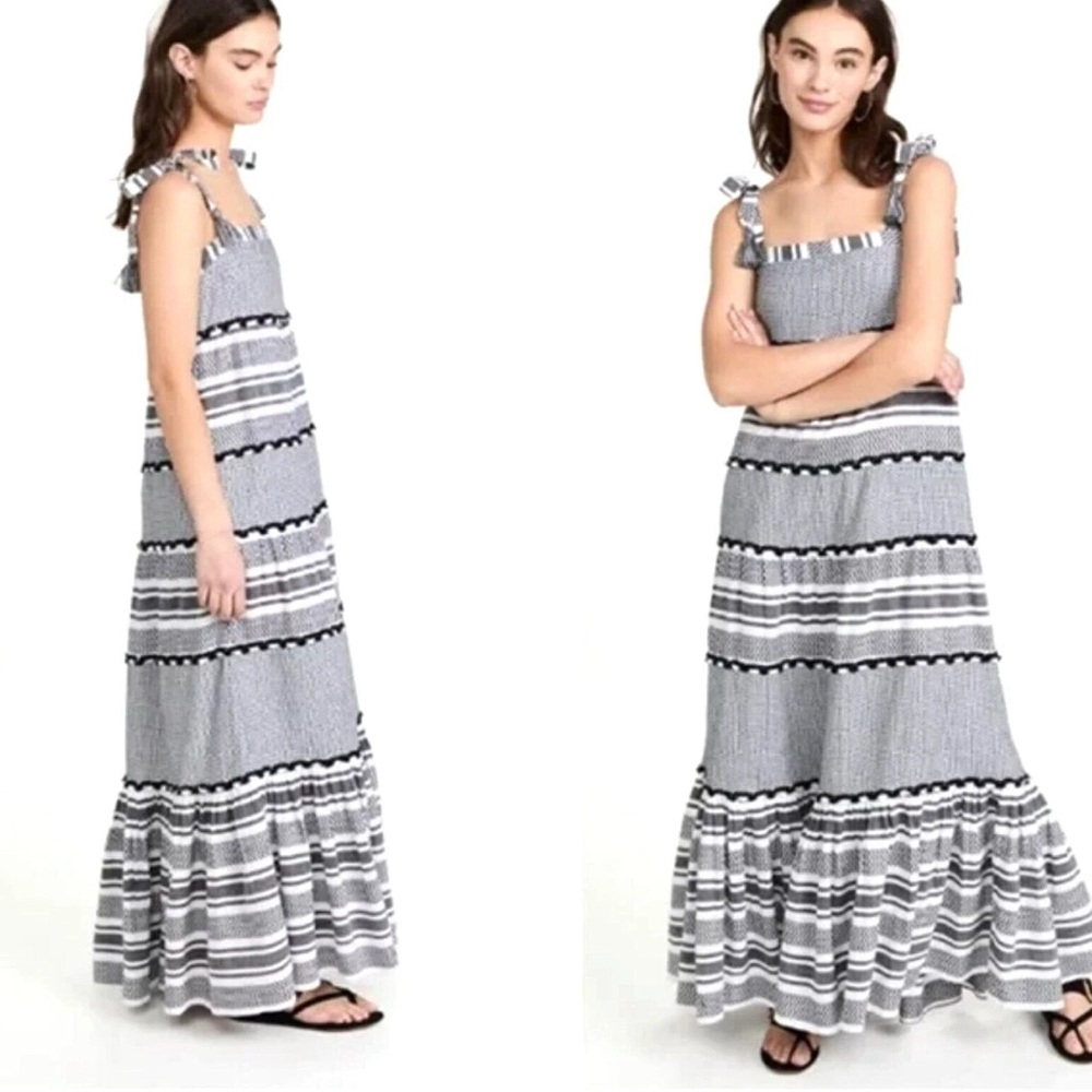 Veronica Beard Black and White Tiered Ruffled Maxi Sundress